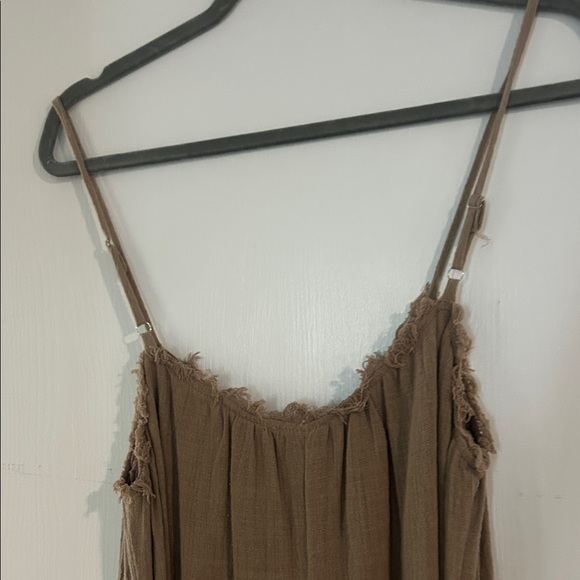 Very J Linen Tan Jumpsuit with Tie Waist - Picture 2 of 5
